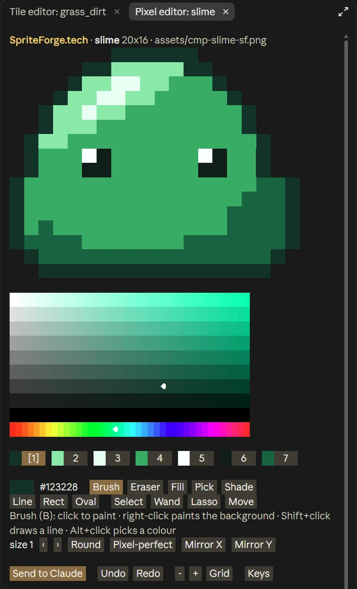 The SpriteForge pixel editor pane in the Claude Code desktop app: a 20 by 16 green slime, a colour picker, the seven-colour palette, the drawing tools and a Send to Claude button