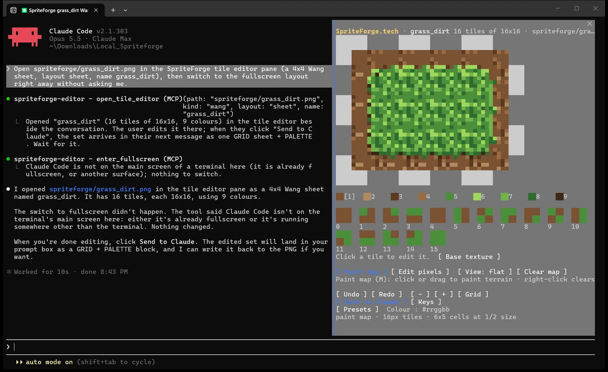 Claude Code in a terminal: on the left the prompt to open grass_dirt.png in the tile editor pane and Claude's reply, on the right the tile editor pane with a painted grass-on-dirt map, the palette and the 16 numbered Wang tiles