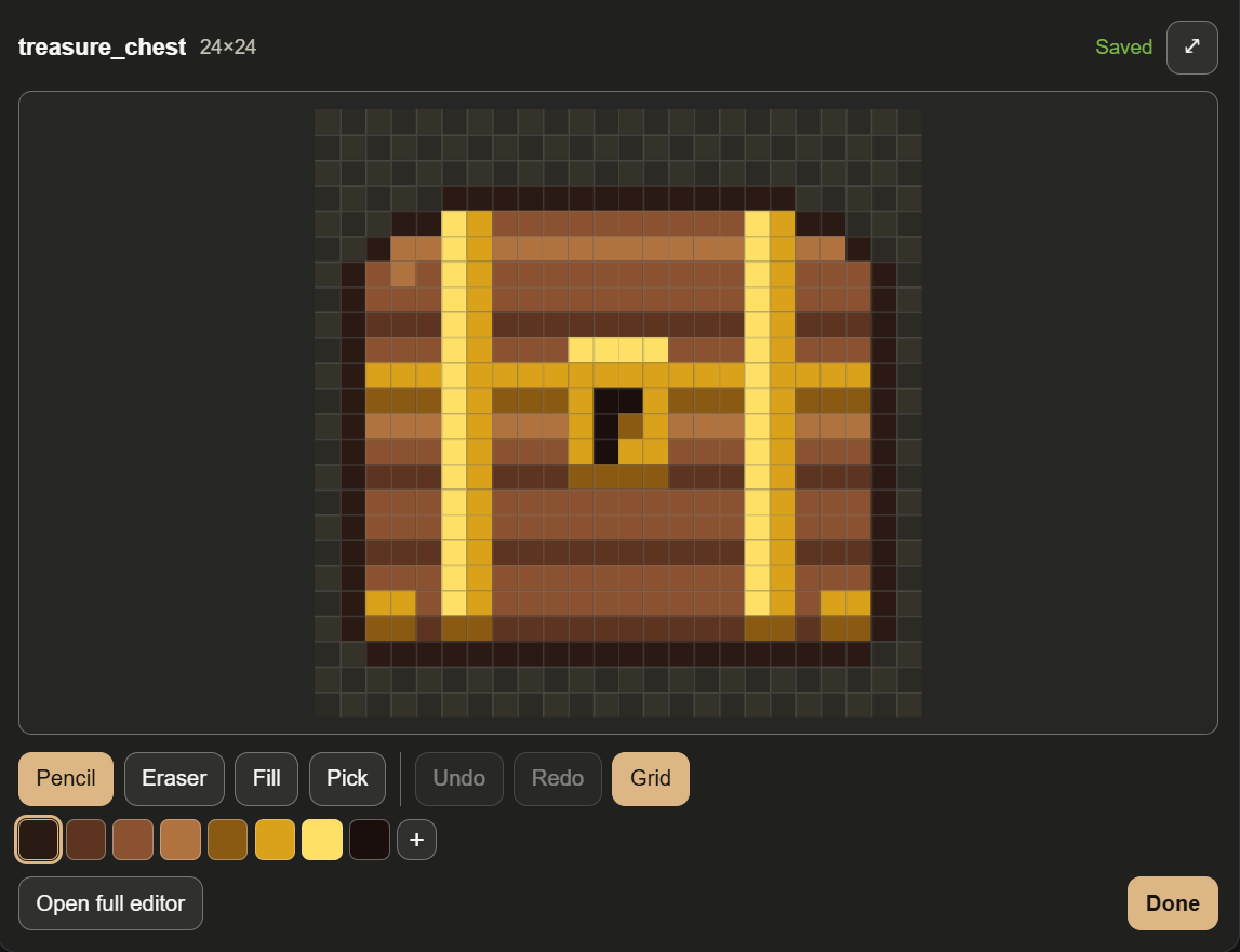 The SpriteForge Editor card in claude.ai: a 24 by 24 treasure chest on a pixel grid, with Pencil, Eraser, Fill, Pick, Undo, Redo and Grid buttons, an eight-colour palette, an Open full editor button and a Done button