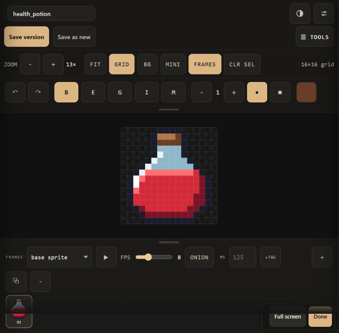 The full SpriteForge editor card in claude.ai: a 16 by 16 health potion on the canvas, zoom, grid and frames controls above it, brush and tool buttons, and a frames strip with an FPS slider and onion skin below