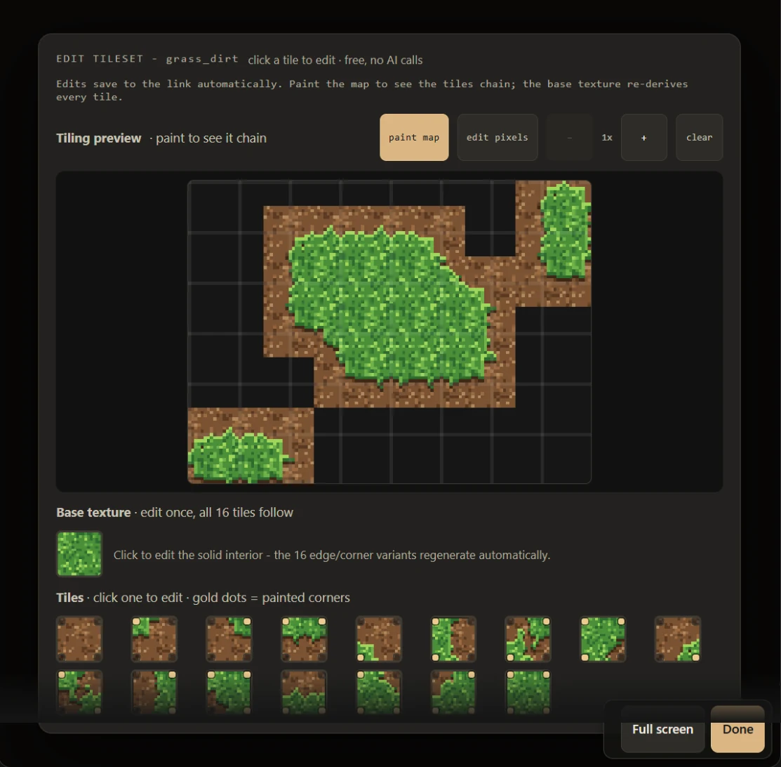 The SpriteForge tileset editor card in claude.ai: a painted test map where grass patches blend into dirt, the base texture, and the 16 Wang tiles with gold dots marking their painted corners