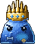 A king slime from a diffusion pixel-art generator, magnified 3 times: a spiked golden crown with gems, a blue body covered in checkerboard dither and speckle, a grey bar and a brown disc in the jelly